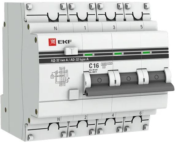 

Автомат дифференциальный EKF DA32-16-30-4P-a-pro АД-32 3P+N 16А (С) 30мА тип (А) эл. 4,5кА PROxima, DA32-16-30-4P-a-pro