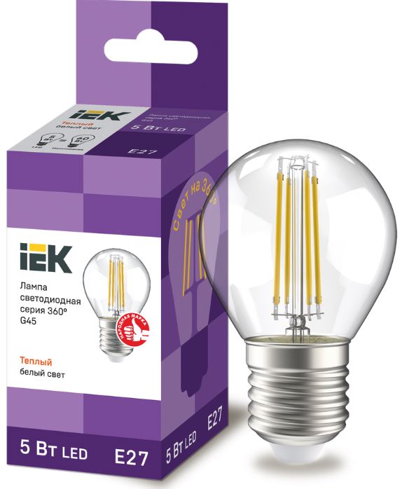 

Лампа светодиодная IEK LLF-G45-5-230-30-E27-CL филаментная G45 шар прозрачный 5Вт 230В 3000К E27 серия 360°, LLF-G45-5-230-30-E27-CL