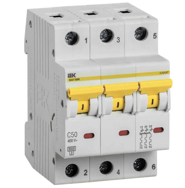 

Автоматический выключатель модульный IEK MVA31-3-050-C 3п C 50А 6кА ВА47-60M, MVA31-3-050-C