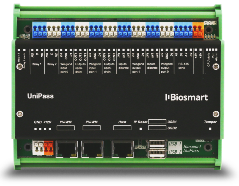 

Контроллер BioSmart UniPass позволяет организовать пропускной режим по венам ладони и RFID-картам при помощи биометрических считывателей, UniPass