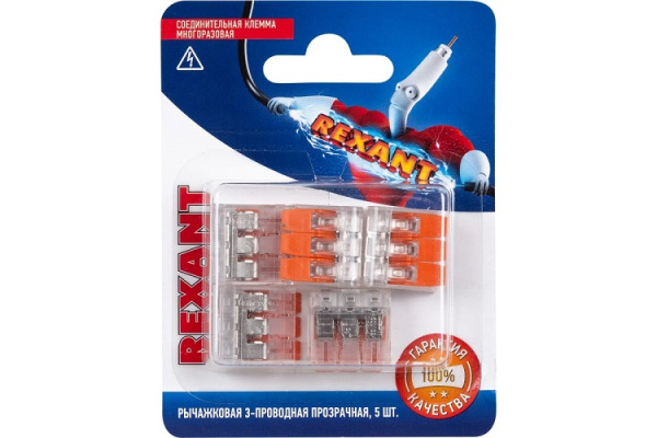 Изображение товара Клемма Rexant 06-0217-A5 соединительная 3-проводная с рычажком, 0,14-4 мм2, 3 шт