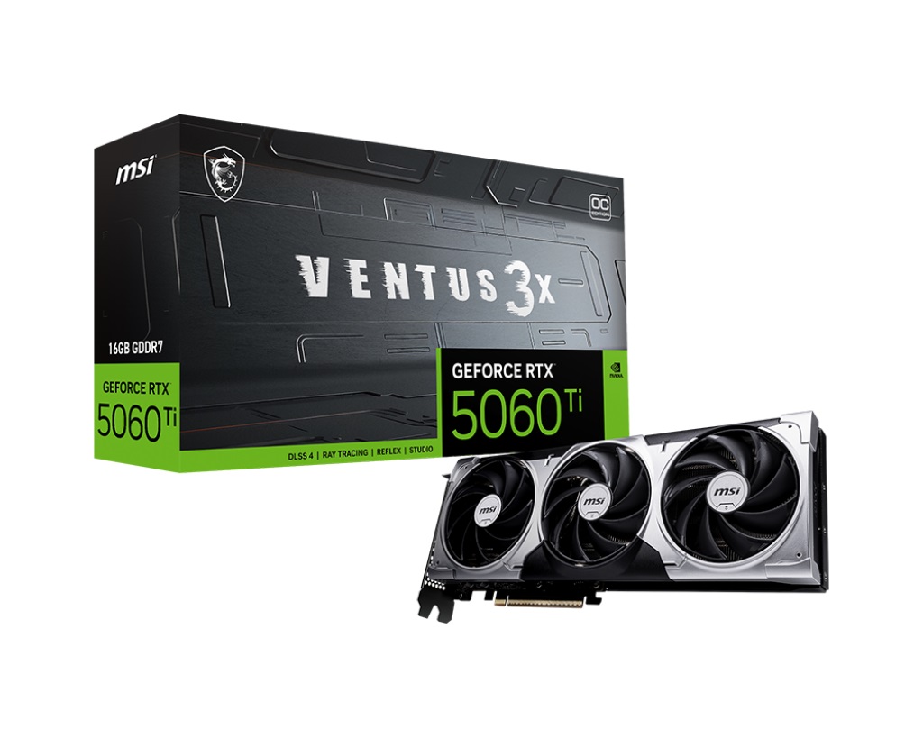 

Видеокарта PCI-E MSI GeForce RTX 5060 TI VENTUS 3X OC (RTX 5060 Ti 16G VENTUS 3X OC) 16GB GDDR7 128bit 2617/28000MHz HDMI 3*DP, GeForce RTX 5060 TI VENTUS 3X OC (RTX 5060 Ti 16G VENTUS 3X OC)