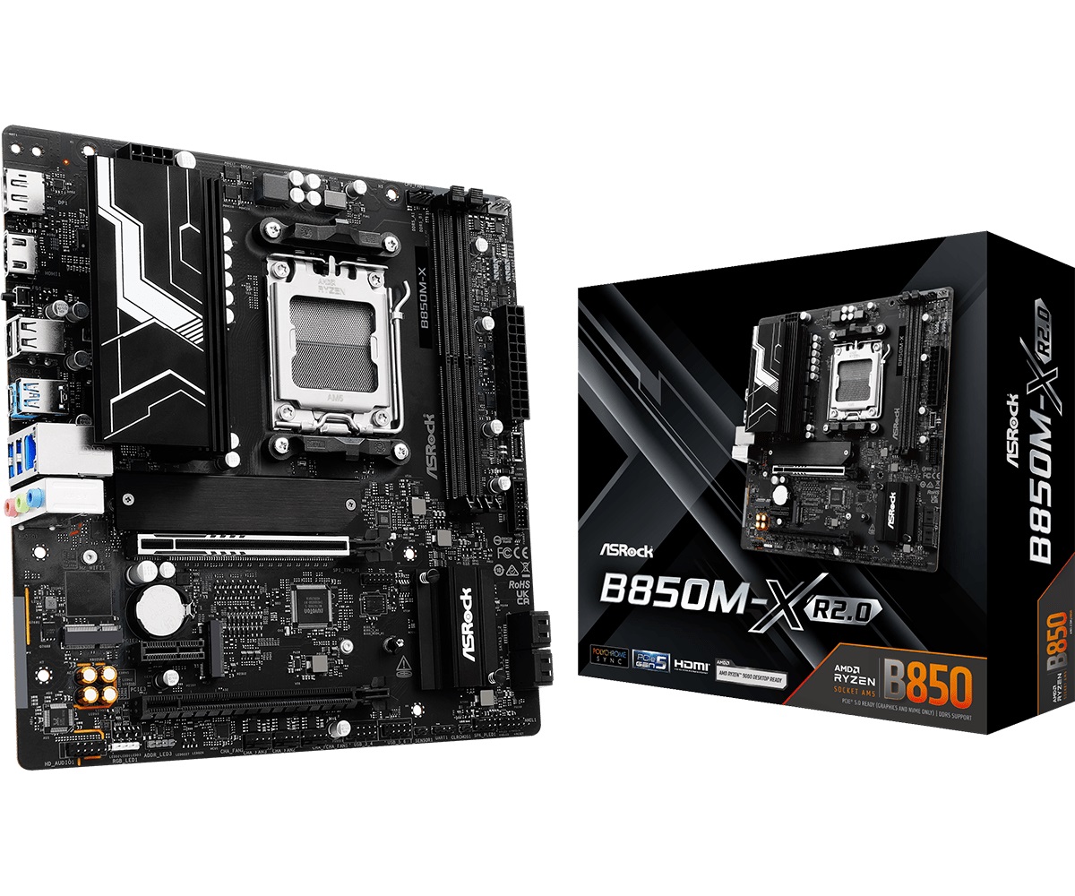 

Материнская плата mATX ASRock B850M-X R2.0 (AM5, AMD B850, 2*DDR5, 4*SATA, 2*M.2, WiFi, BT, 2*USB 2.0, 3*USB 3.2, Type-C, 2*PCIe, HDMI, DP), B850M-X R2.0