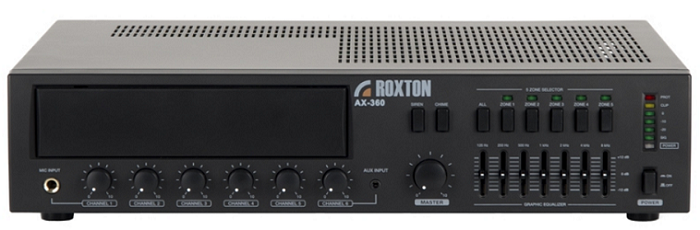 

Усилитель Roxton AX-360 360 Вт, 3 микр.+ 3 унив. входа, 5 зон, работа с RM-05, AX-360