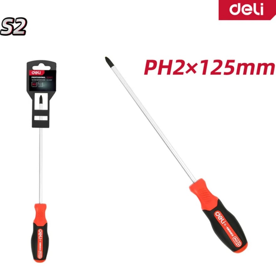 

Отвертка крестовая Deli DL3461 PH2x125мм сталь S2, матовый стержень, двухкомпонентная прорезиненная рукоять, DL3461