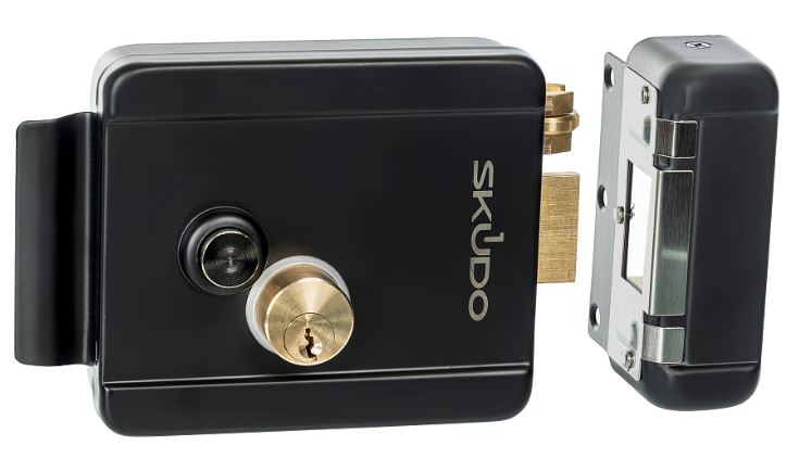 Замок электромеханический Skudo SK-EMU-N20-BL накладной, универсальный. Цилиндр изнутри и снаружи, блокировка кнопки ключом в двух положениях. 5 ключе