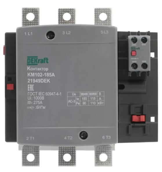 

Контактор DEKraft 21949DEK 185А 220В_АС АС3_ АС4 1НО+1НЗ КМ-102, 21949DEK