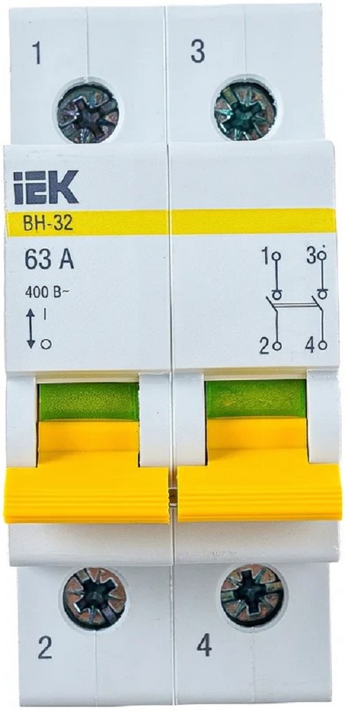 

Выключатель нагрузки IEK MNV10-2-063 (мини-рубильник) ВН-32 2P 63А, MNV10-2-063