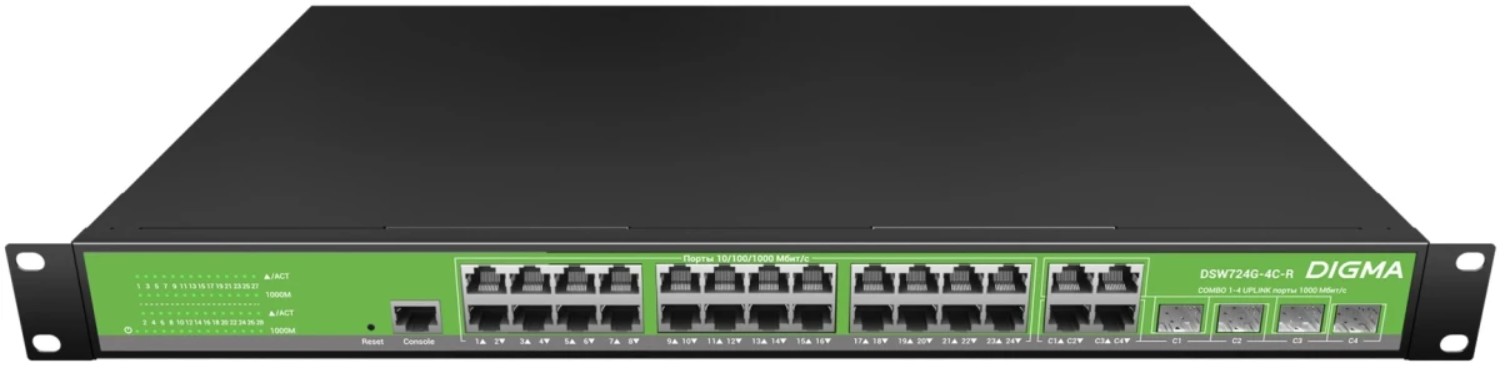 

Коммутатор управляемый Digma DSW724G-4C-R (L2+) 24x1Гбит/с 4xКомбо(1000BASE-T/SFP), DSW724G-4C-R