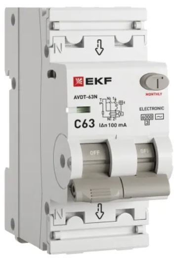 

Автомат дифференциальный EKF D63N26E63C100 АВДТ-63N 1P+N 63А (C) 100мА (AC) эл 6кА PROXIMA, D63N26E63C100