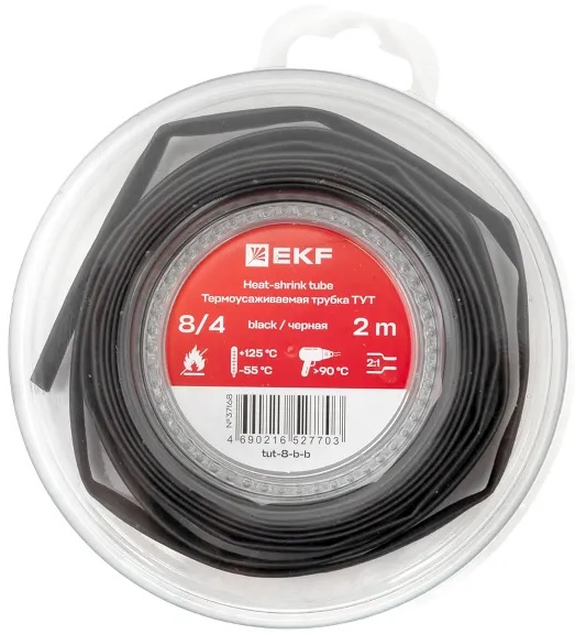 

Термоусаживаемая трубка EKF tut-8-b-b нг 8/4 черная ролик 2 м, tut-8-b-b