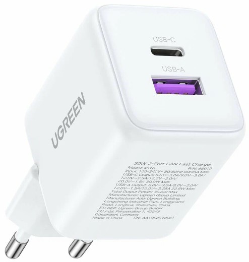 

Зарядное устройство сетевое UGREEN X516 65015_ 30W 2-Port USB-C&USB-A GaN Fast Charger EU. цвет: белый, X516