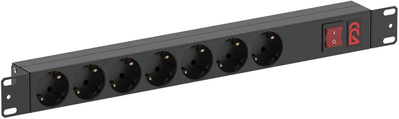 

Блок розеток 19", 7 розеток ССД 130411-02070 БР-7SCH-10А-C14, 7 розеток Schuko,выключатель с подсветкой, без шнура, разъем под шнур IEC C14, 130411-02070