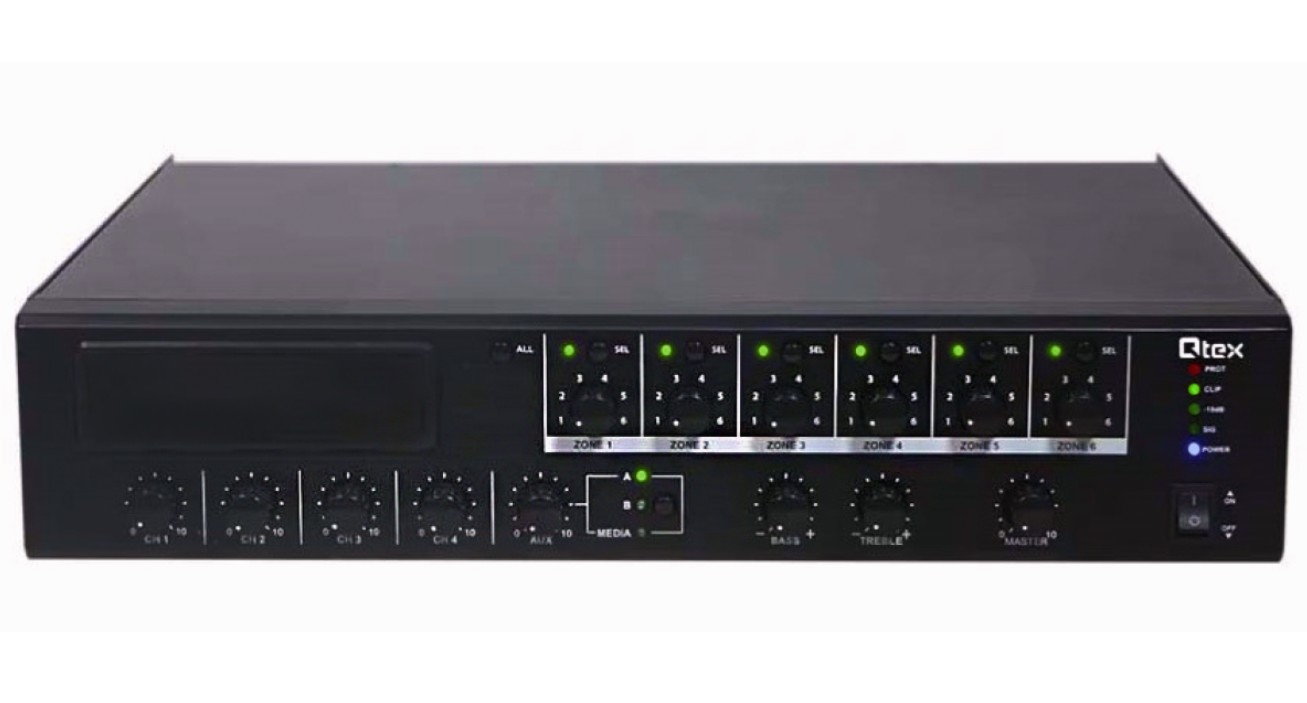 

Микшер-усилитель Qtex QAA MPRO480 класса D, 480 Вт - 100/70 В / 4 Ом, 6 зон с индивидуальной регулировкой уровня громкости, QAA MPRO480