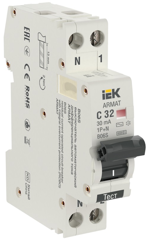 

Автоматический выключатель дифф. тока (АВДТ) IEK AR-B06S-1N-C32C030 ARMAT B06S 1P+NP C32 30мА тип AC (18мм), AR-B06S-1N-C32C030
