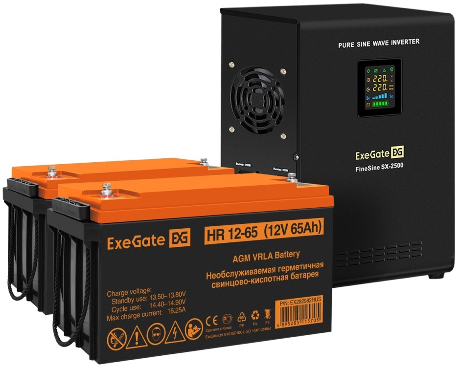 

Комплект Exegate FineSine SX-2500.LCD.AVR.2SH EX296618RUS ИБП EX296002RUS + батарея 65Aч EX282982RUS 2шт (инвертор, синус, для котла, настенный) 2500V, FineSine SX-2500.LCD.AVR.2SH