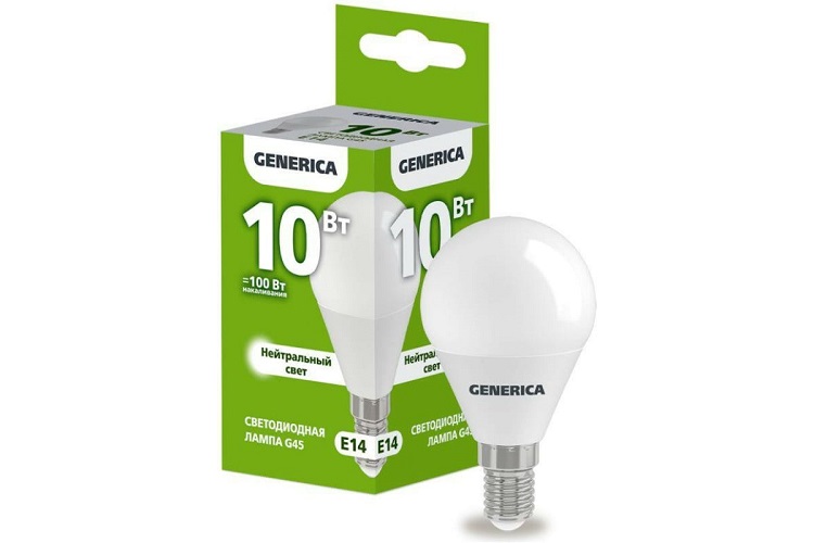 

Лампа светодиодная GENERICA LL-G45-10-230-40-E14-G G45 10Вт шар 4000К E14 230В, LL-G45-10-230-40-E14-G