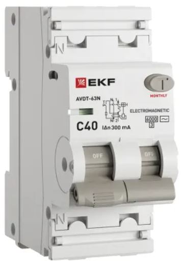 

Автомат дифференциальный EKF D63N26M40C300 АВДТ-63N 1P+N 40А (C) 300мА (AC) эл-мех 6кА PROXIMA, D63N26M40C300