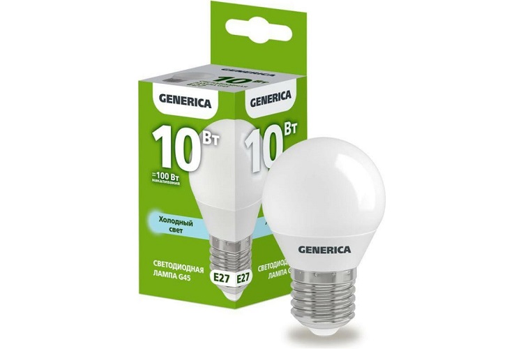

Лампа светодиодная GENERICA LL-G45-10-230-65-E27-G G45 10Вт шар 6500К E27 230В, LL-G45-10-230-65-E27-G