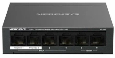 

Коммутатор Mercusys MS106P 6-Port 10/100Mbps Desktop Switch with 4-Port PoE+, MS106P