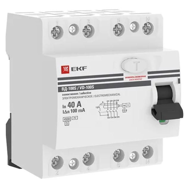 

УЗО EKF elcb-4-40-100S-em-pro ВД-100 4P (S) 40А 100мА тип АС электромеханический 4,5кА селективный PROXIMA, elcb-4-40-100S-em-pro