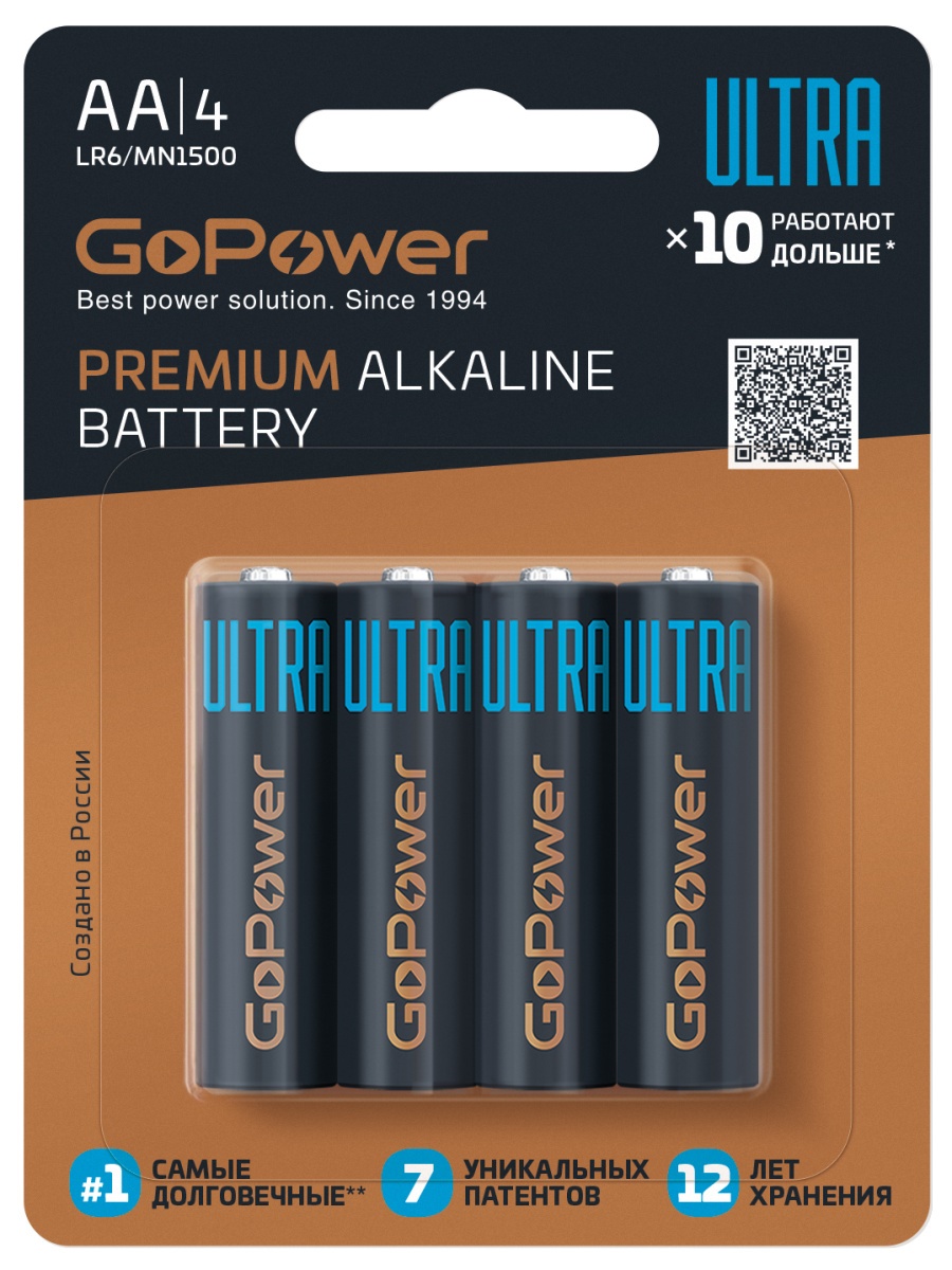 

Батарейка GoPower ULTRA LR6 00-00026394 AA BL4 Alkaline 1.5V (4/40/480) (4 шт.) (1000749497), ULTRA LR6