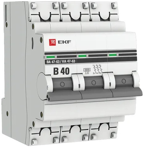 

Автоматический выключатель EKF mcb4763-3-40B-pro 3P 40А (В) 4,5kA ВА 47-63, mcb4763-3-40B-pro