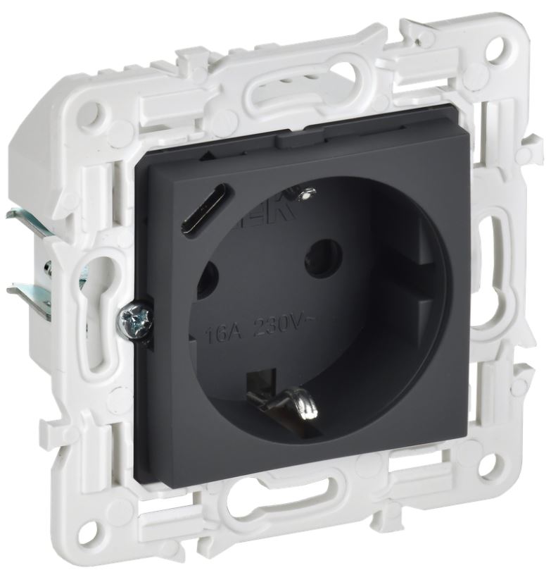 

Розетка с заземлением IEK SK-R14-16-U14-018-K53 SKANDY с защитными шторками 16А с USB C 18Вт SK-R17G Графит, SK-R14-16-U14-018-K53