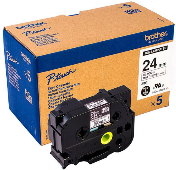 

Наклейка Brother HGEM951V5 металлизированная (чёрный шрифт), 24мм*8м, упаковка 5штук, повышенная скорость/разрешение на PT9700, HGEM951V5