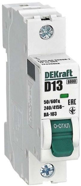 

Автоматический выключатель DEKraft 12336DEK 1Р 13А х-ка D ВА-103 6кА, 12336DEK