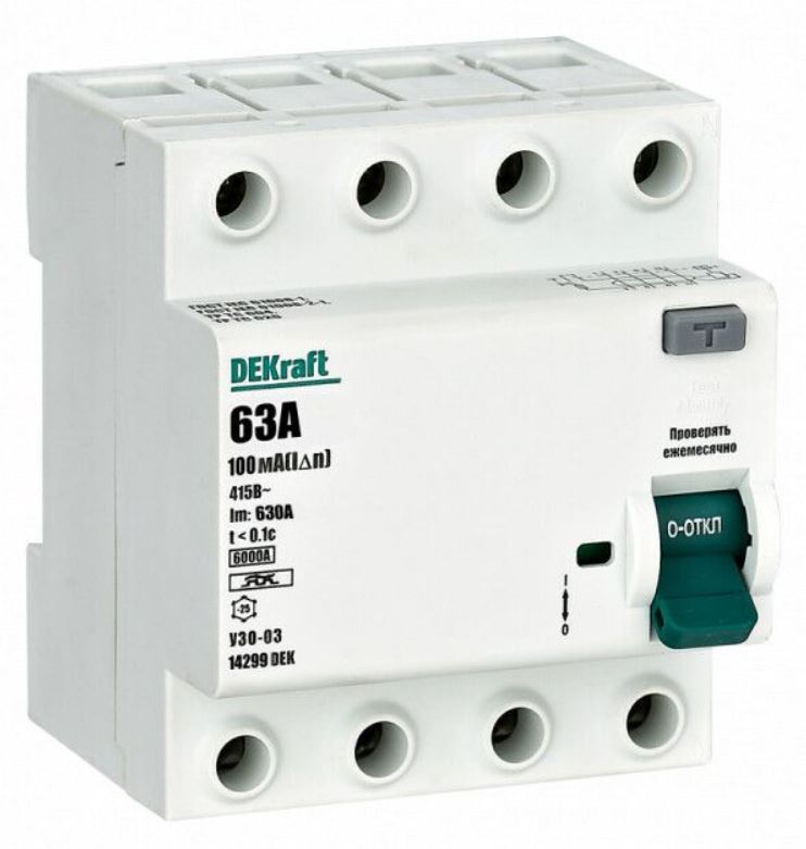 

УЗО DEKraft 14299DEK ВДТ 4P 63А 100мА тип A 6кА, 14299DEK