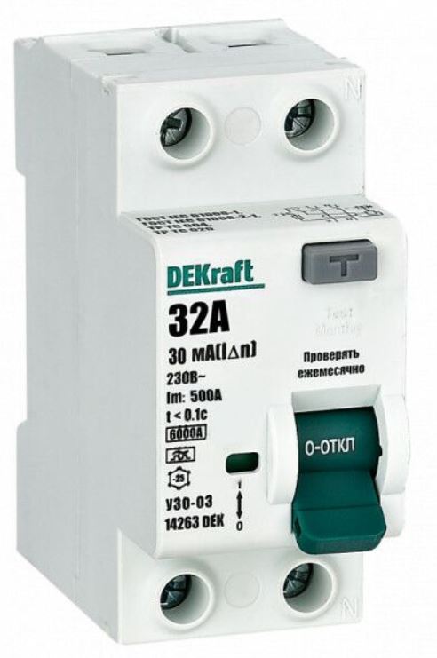 

УЗО DEKraft 14263DEK ВДТ 2P 32А 30мА тип A 6кА, 14263DEK