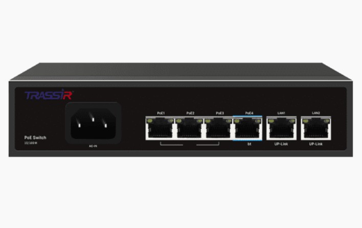 

Коммутатор неуправляемый TRASSIR TR-NS1206-65-4PoE Fast Ethernet РоЕ оснащен 4 РоЕ-портами RJ-45 и 2 uplink-портами 10/100 Мбит/с, TR-NS1206-65-4PoE