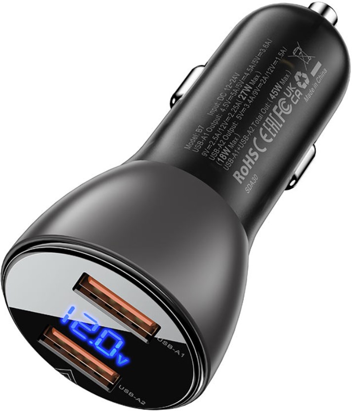 

Зарядное устройство автомобильное ACEFAST B7 45W, USB Type-A/USB Type-A с цифровым дисплеем, чёрное/полупрозрачный чёрный, B7