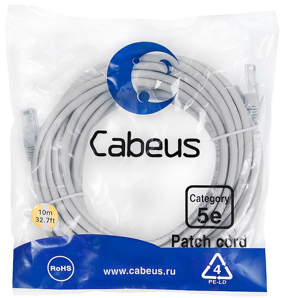 

Кабель патч-корд U/UTP 5e кат. 10м. Cabeus PC-UTP-RJ45-Cat.5e-10m неэкранированный, серый, PC-UTP-RJ45-Cat.5e-10m