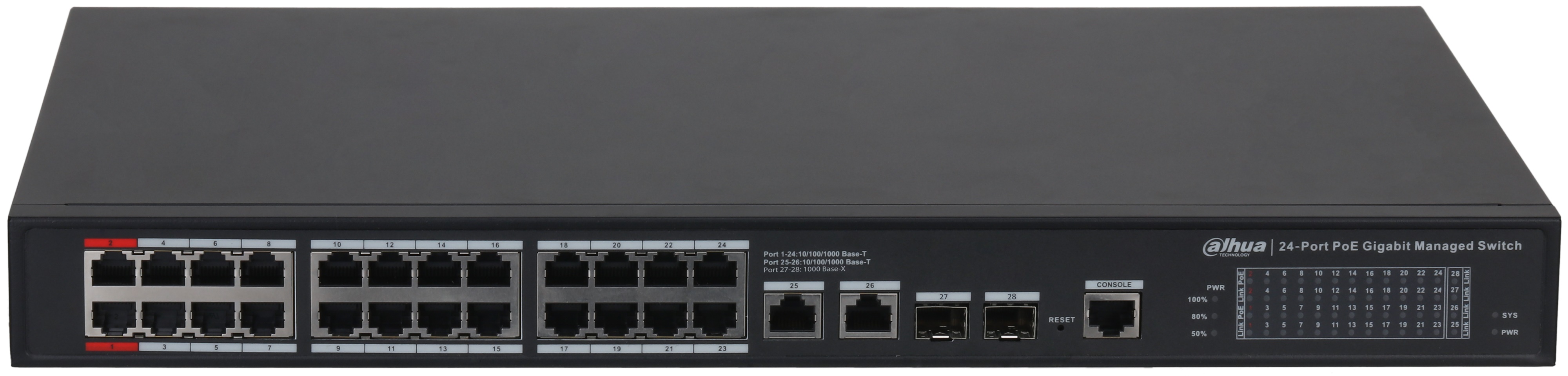 

Коммутатор Dahua DH-S4228-24GT-360 24-портовый гигабитный управляемый с PoE, уровень L2, DH-S4228-24GT-360