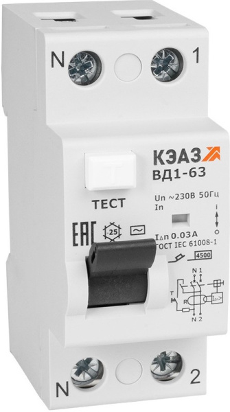 Изображение товара Автоматический выключатель дифф. тока КЭАЗ 221923 2-полюсный 80 А 300 мА