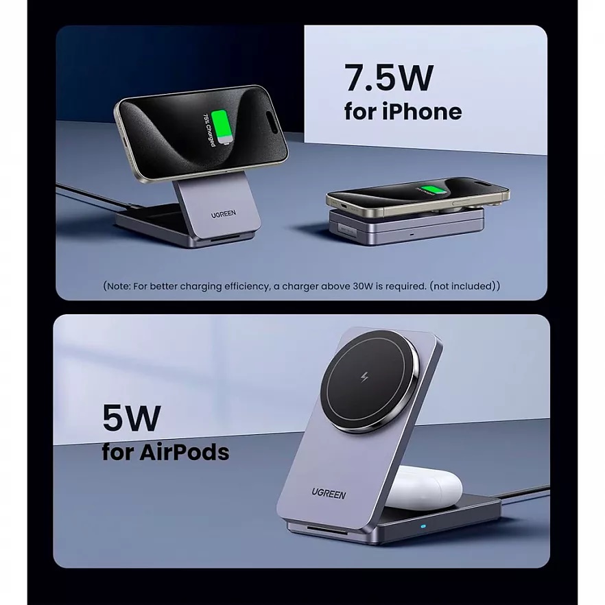

Зарядное устройство беспроводное UGREEN W528 45056_ 2-in-1 Wireless Charger for Iphone 7.5W & AirPods с кабелем USB-C-USB-C. Цвет: серый, W528