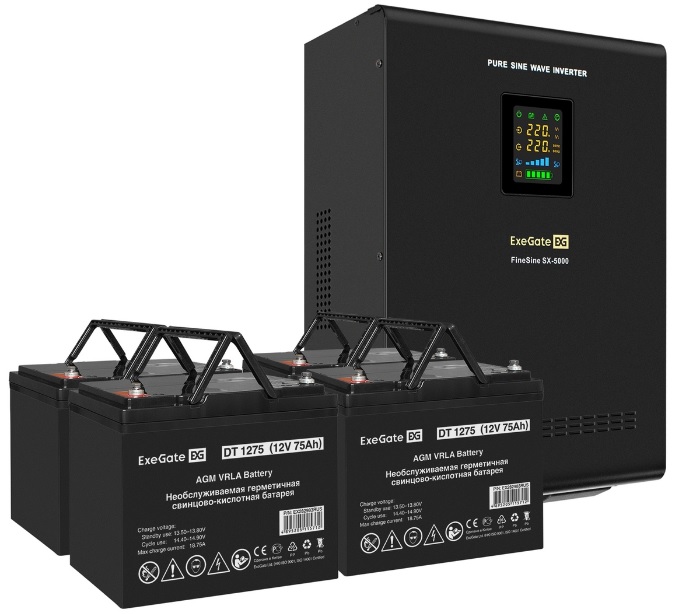 

Комплект Exegate FineSine SX-5000.LCD.AVR.2SH.T EX296665RUS ИБП EX296004RUS + батарея 75Aч EX282983RUS 4шт (инвертор, синус, для котла, настенный) 500, FineSine SX-5000.LCD.AVR.2SH.T