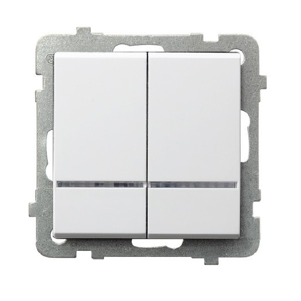 

Выключатель Ospel LP-2RS/m/00 для двух групп ламп, с подсветкой оранжевого цвета, 16AX, 250V, 3520W, IP-20, клеммы безвинтовые, белый, LP-2RS/m/00