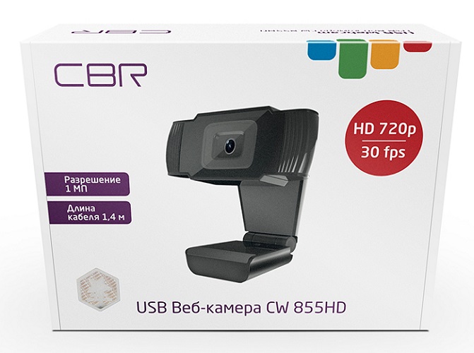 

Веб-камера CBR CW 855HD black, 1Мп, USB 2.0, встроенный микрофон с шумоподавлением, фикс.фокус, крепление на мониторе, 1.4 м, CW 855HD