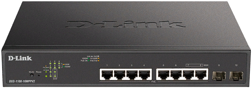 

Коммутатор управляемый D-link DGS-1100-10MPPV2/A3A 8x10/100/1000Base-T PoE, 2x1000Base-X SFP (порты 1-8 PoE 802.3af/at, порты 7-8 PoE 802.3bt, PoE-бюд, DGS-1100-10MPPV2/A3A