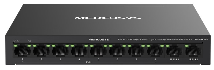 

Коммутатор неуправляемый Mercusys MS110CMP 8-Port 10/100Mbps, 2-Port Gigabit with 8-Port PoE+, MS110CMP
