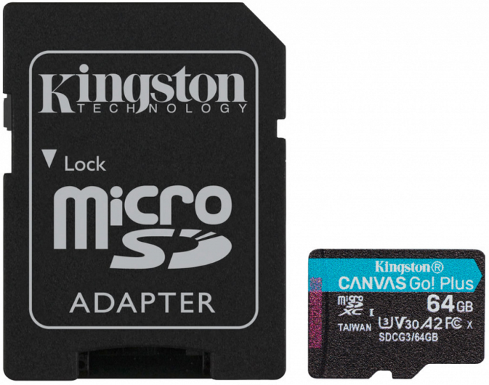 

Карта памяти 64GB Kingston SDCG3/64GB microSDXC, UHS-II Class U3 V30 A2, чтение: 170Мб/с, запись: 70Мб/с, с адаптером, SDCG3/64GB