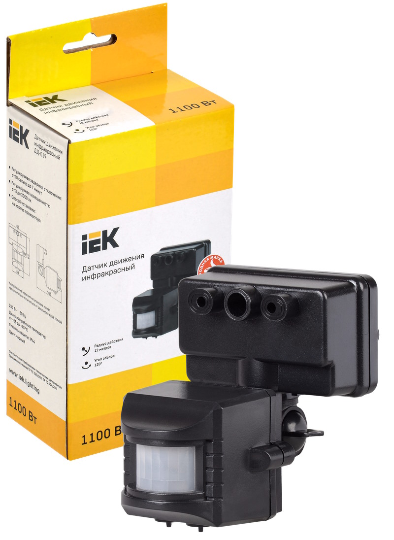 

Датчик движения IEK LDD13-019-1100-002 ДД 019 черный, макс. нагрузка 1100Вт, угол обзора 120град., дальность 12м, IP44,, LDD13-019-1100-002