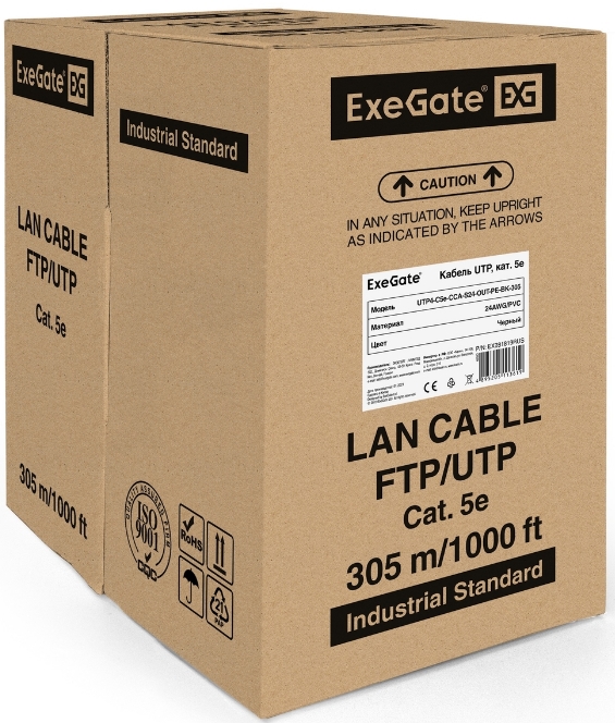

Кабель витая пара U/UTP 5e кат. 4 пары Exegate UTP4-C5e-CCA-S24-OUT-PE-BK-305 UTP EX281819RUS 24AWG, внешн., без троса, бухта 305м, черный, UTP4-C5e-CCA-S24-OUT-PE-BK-305 UTP