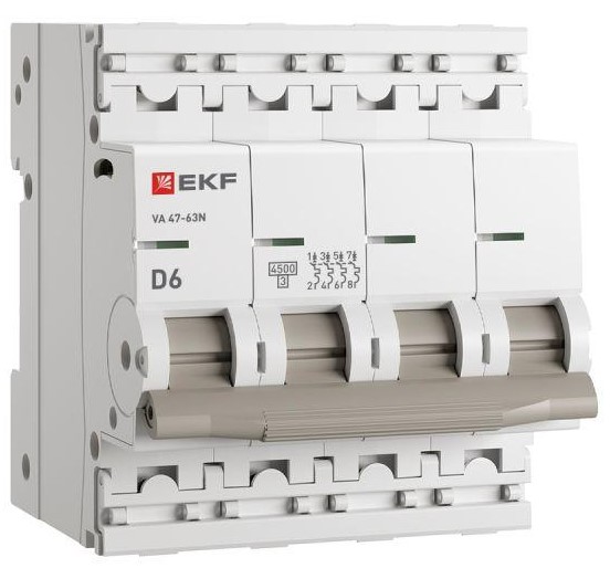 

Автоматический выключатель EKF M634406D 4P 6А (D) 4,5kA ВА 47-63N PROxima, M634406D