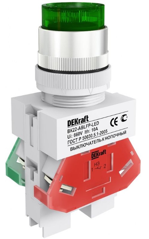 

Выключатель DEKraft 25135DEK ВK-22 кнопочный ABFP D=22мм с фикс. LED 220В , зеленый, 25135DEK