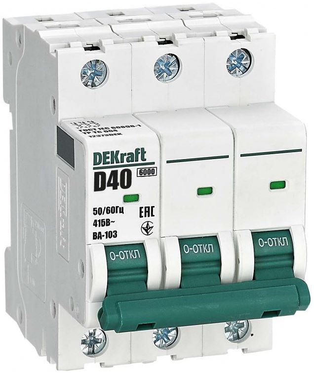 

Автоматический выключатель DEKraft 12373DEK 3Р 40А х-ка D ВА-103 6кА, 12373DEK