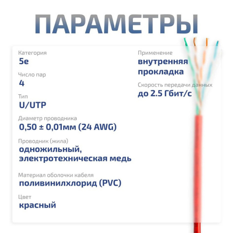 фото Кабель витая пара U/UTP 5e кат. 4 пары Cabeus UTP-4P-Cat.5e-SOLID-RD в Краснодаре